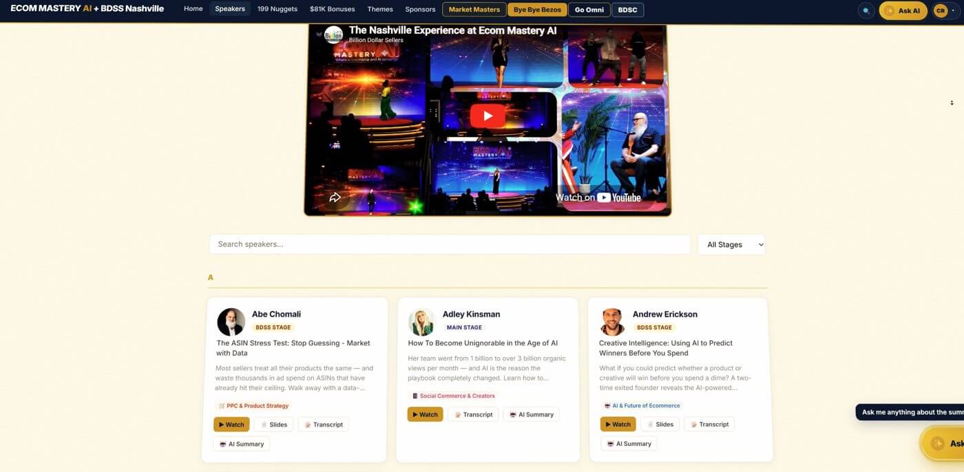 The Nashville Experience replay dashboard at Ecom Mastery AI